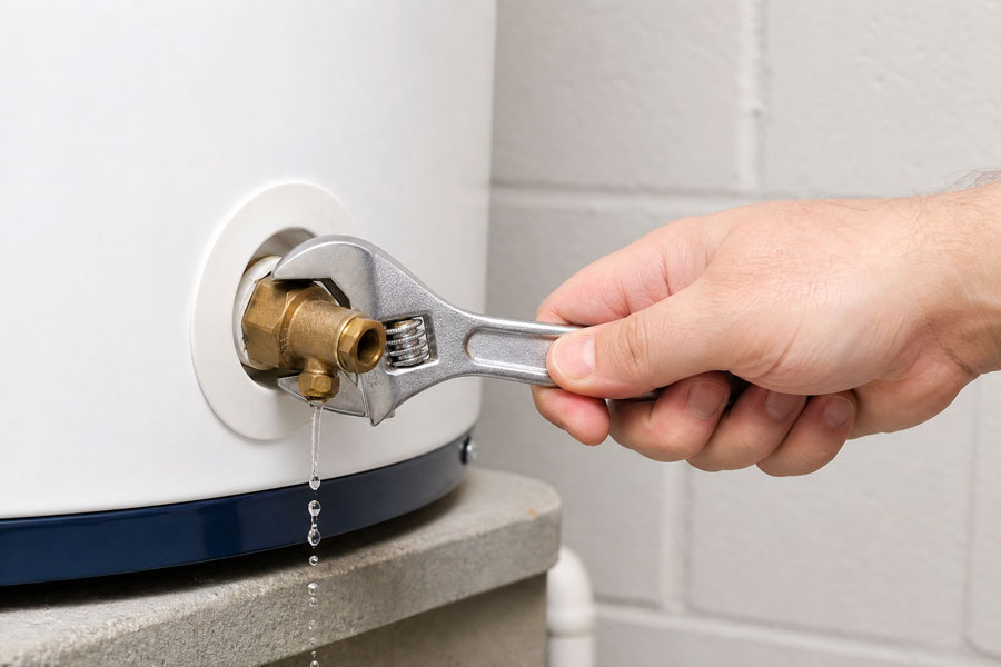 Person using an adjustable wrench to repair a brass drain valve on a water heater tank