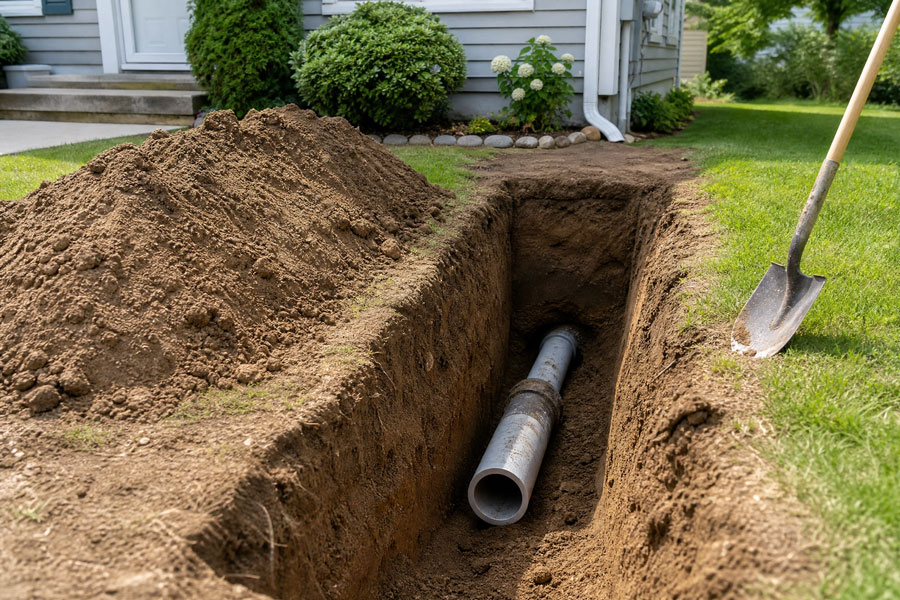 Excavated trench in residential yard with metal drainage pipe, pile of dirt, and shovel beside it, landscaped home in background