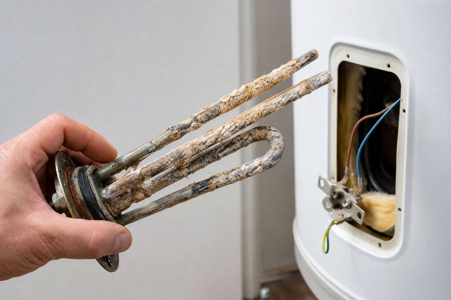 Corroded heating element held in hand next to white water heater showing mineral buildup and rust damage