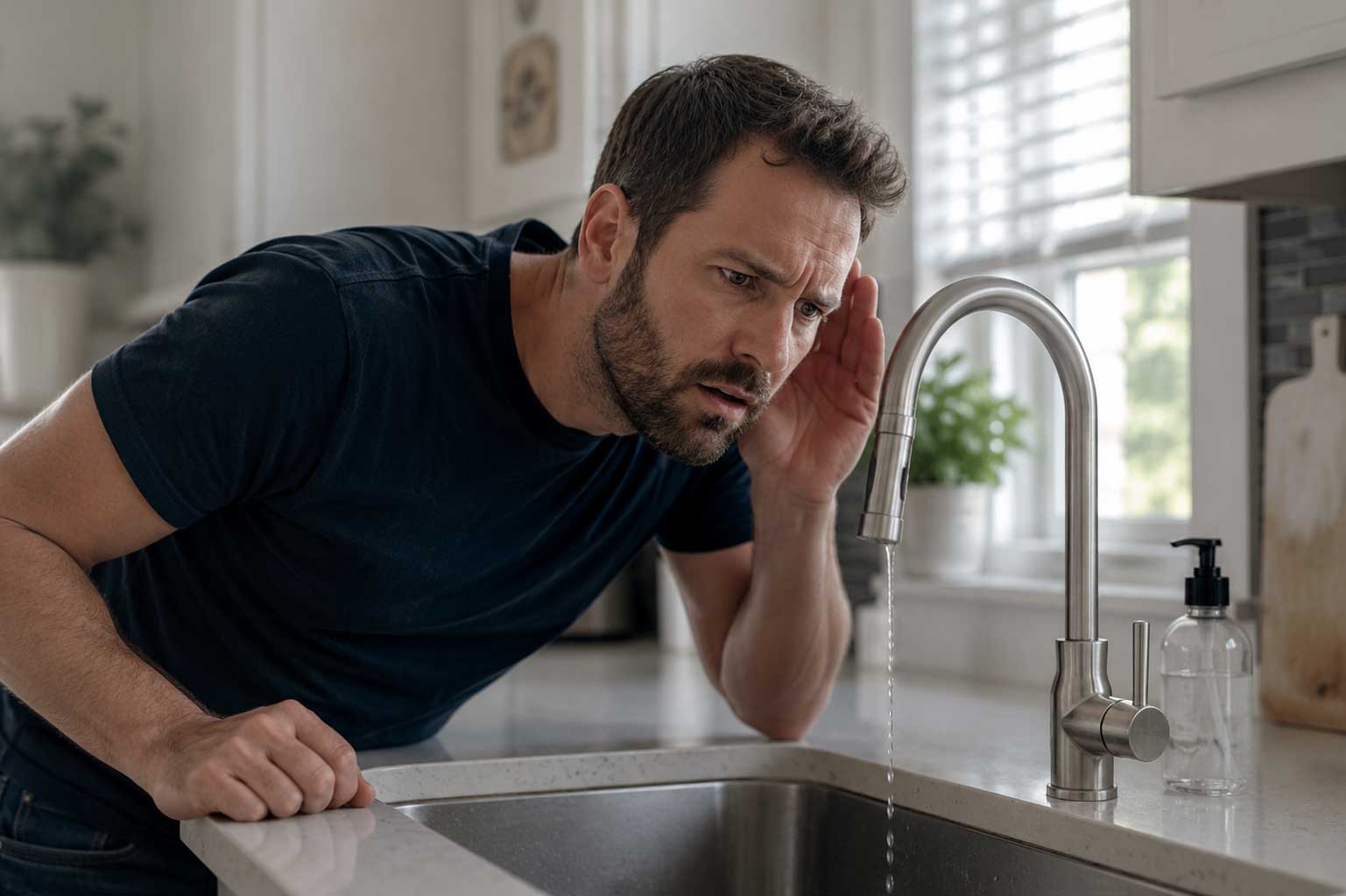 Man leaning over kitchen sink with concerned expression, listening to running faucet