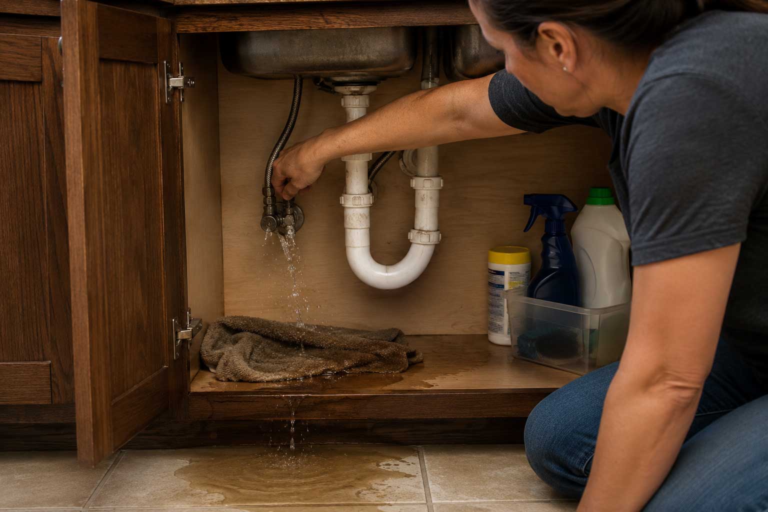 Woman discovering plumbing emergency with water leaking from under kitchen sink cabinet