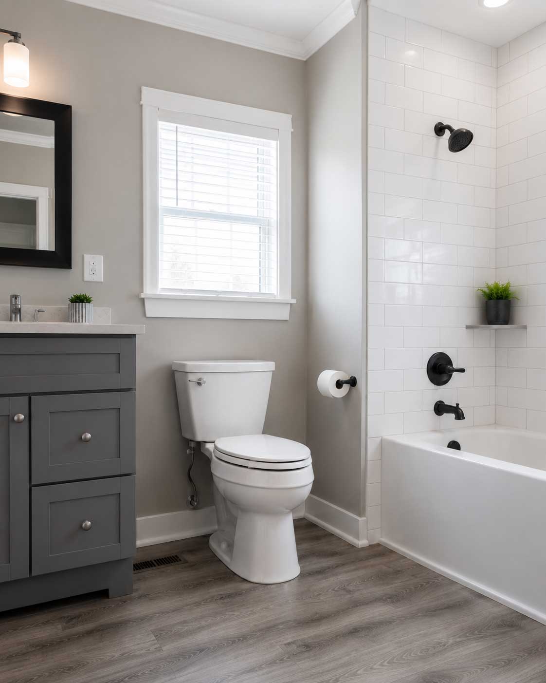 Modern bathroom with dark gray vanity, white subway tile shower, toilet, and wood-grain flooring