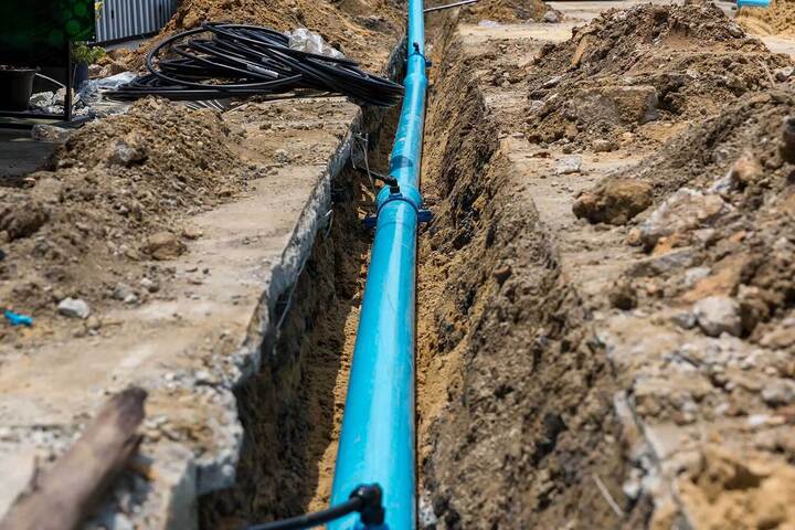 Blue PVC pipe laid in excavated trench with black electrical cable and dirt mound during underground utility installation