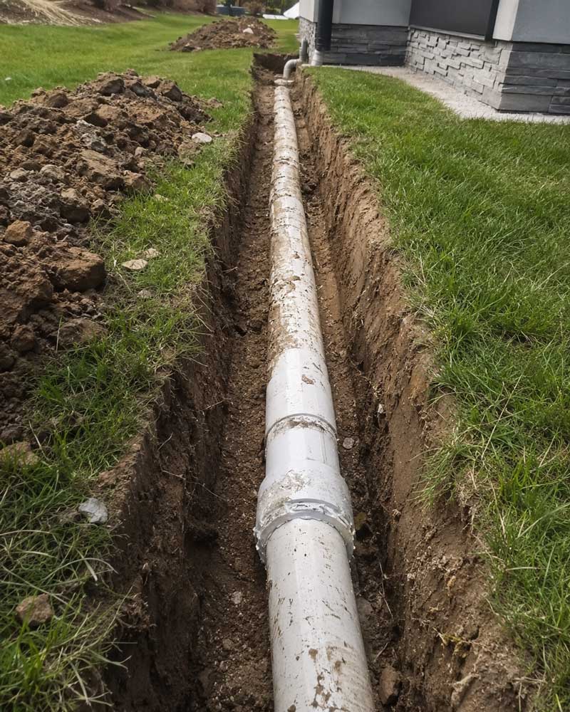 White PVC pipe laid in excavated trench alongside residential property in Cincinnati, Ohio