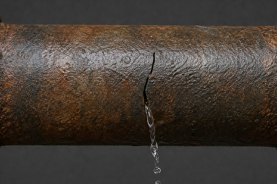 Water dripping from a crack in a rusty, corroded metal pipe against a dark background