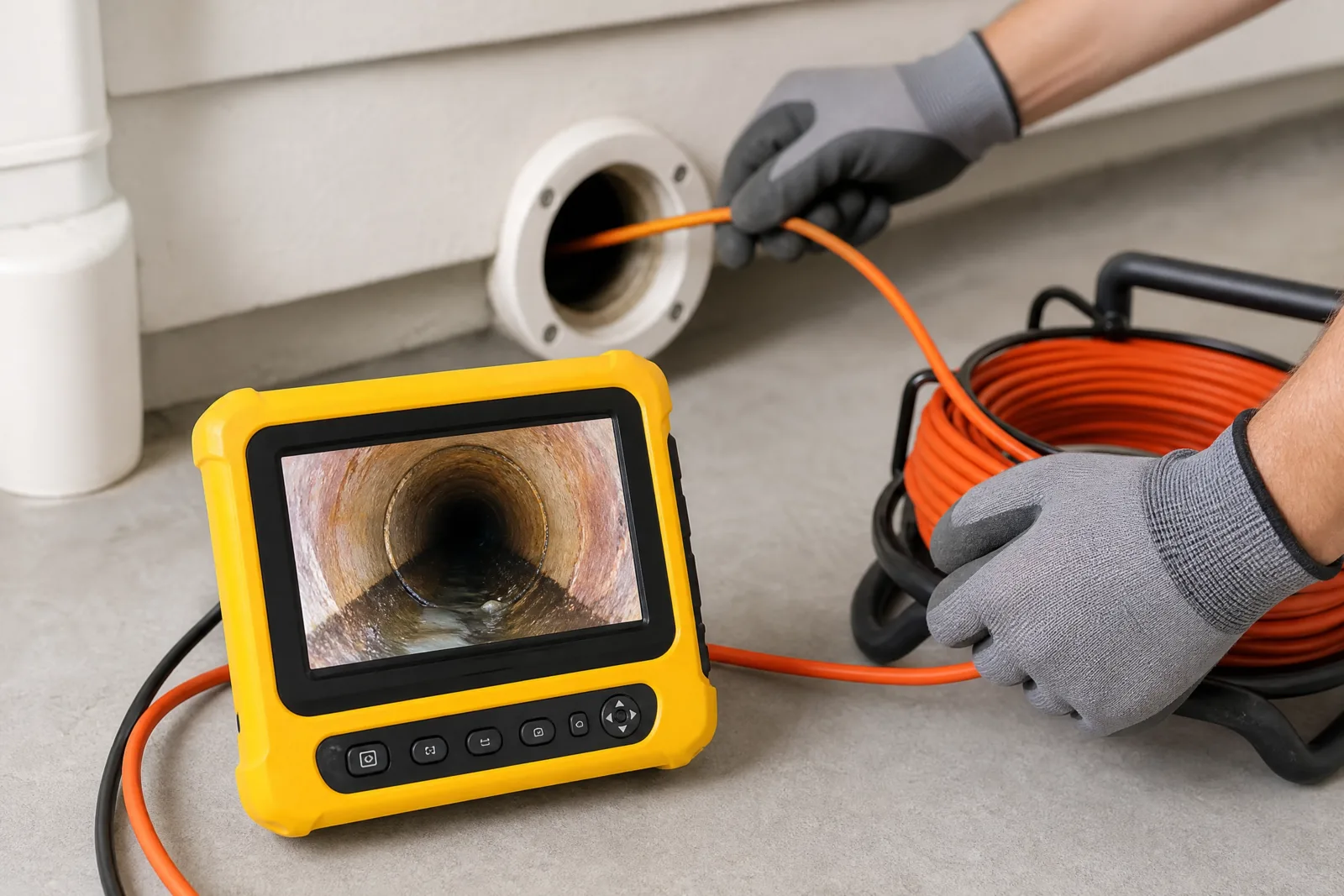 Plumber performing sewer line inspection using yellow handheld camera monitor connected to orange cable, viewing interior pipe conditions on screen