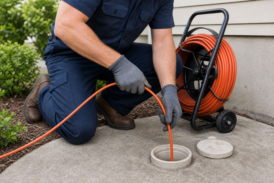 Plumber in blue uniform kneeling beside concrete slab, feeding orange cable into sewer cleanout opening with reel-mounted equipment in background