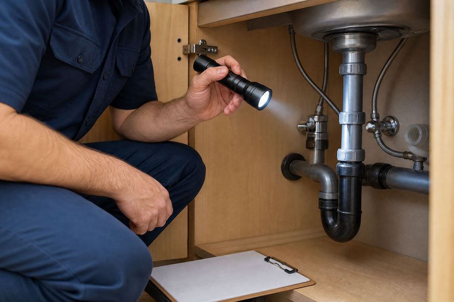 Plumber in navy uniform inspecting under-sink plumbing with flashlight, clipboard nearby for notes