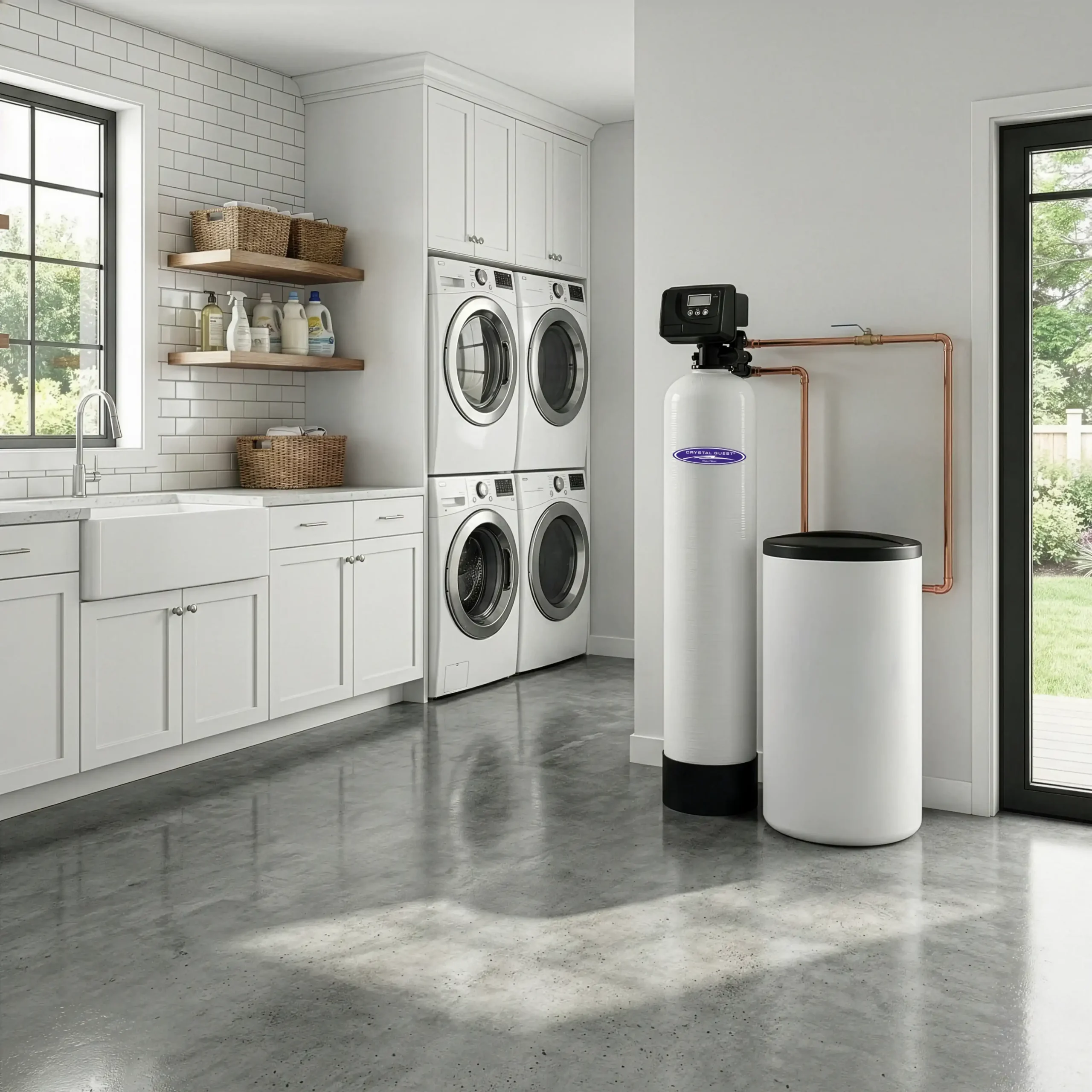 Modern laundry room with white cabinetry, stacked washers and dryers, and a water softener system with copper piping against a polished concrete floor