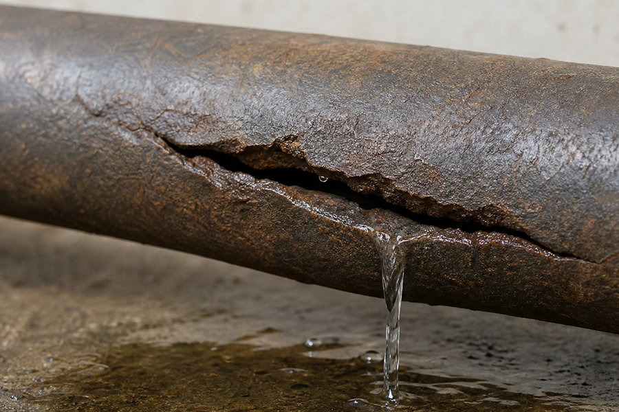 Rusty metal pipe with a crack leaking water onto wet ground below