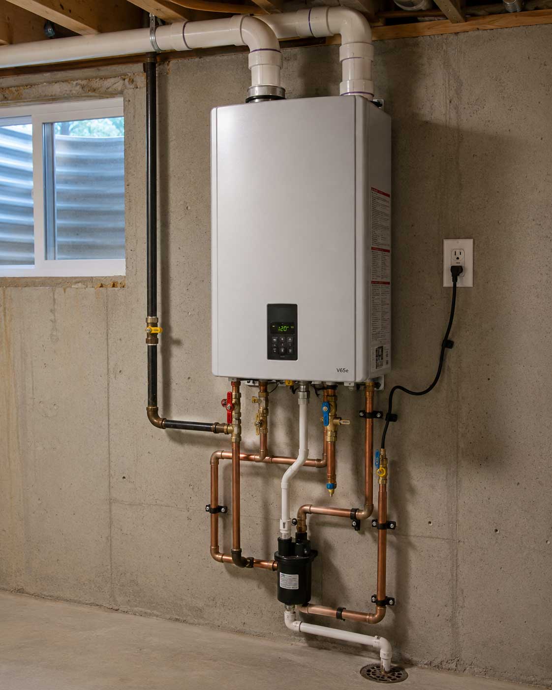 White tankless water heater mounted on concrete basement wall with copper and PVC piping connections and digital display panel