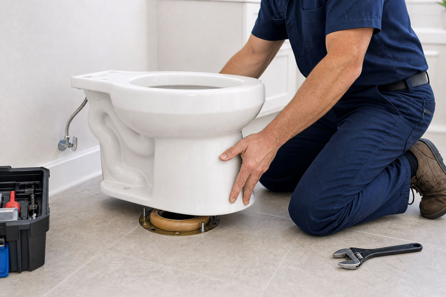 Plumber in navy uniform crouches beside white toilet during installation, with wrenches and tools visible on bathroom floor