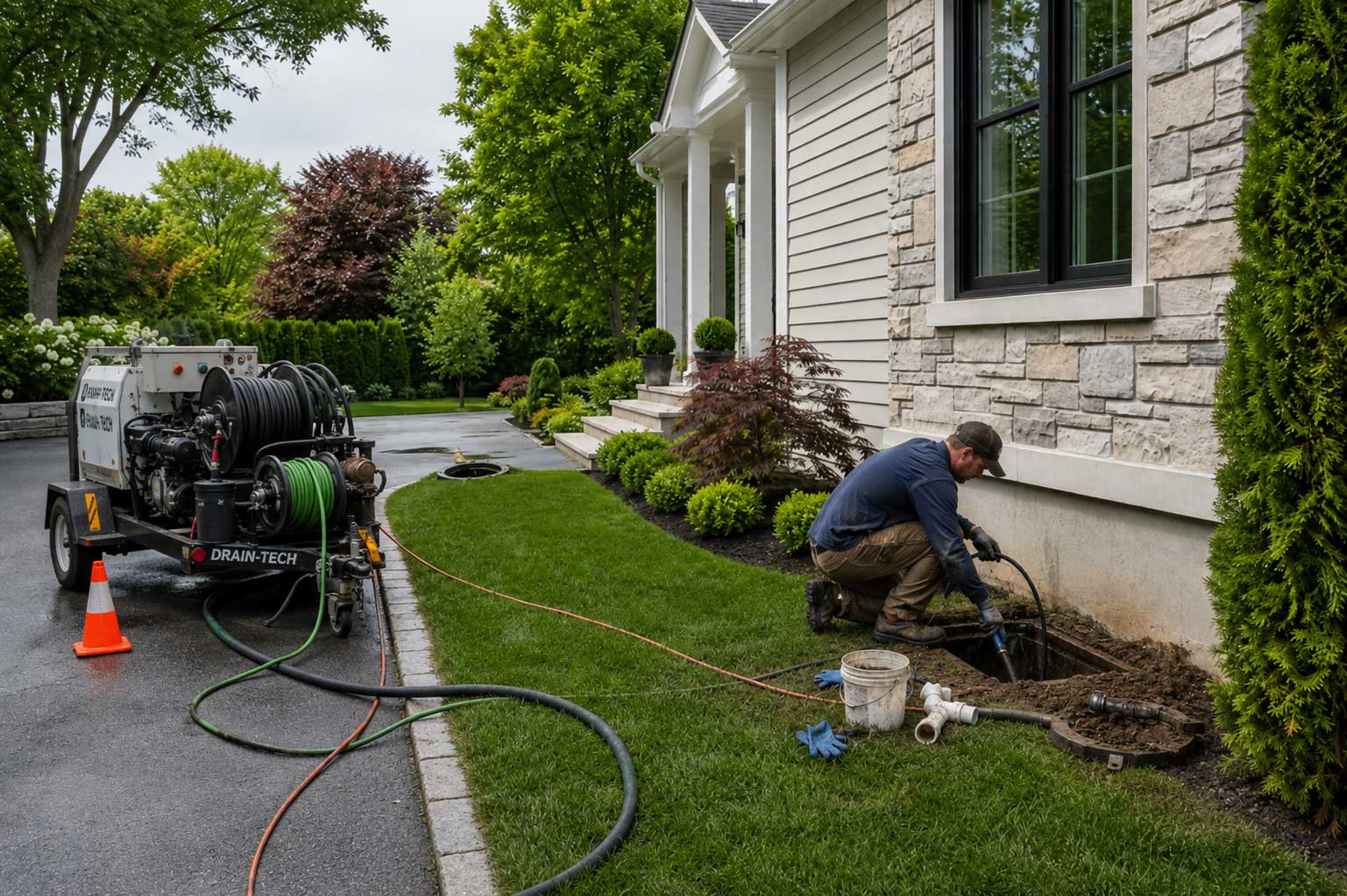 Professional drain cleaning technician operating DRAIN-TECH equipment to perform trenchless sewer repair at residential home in Cincinnati, Ohio