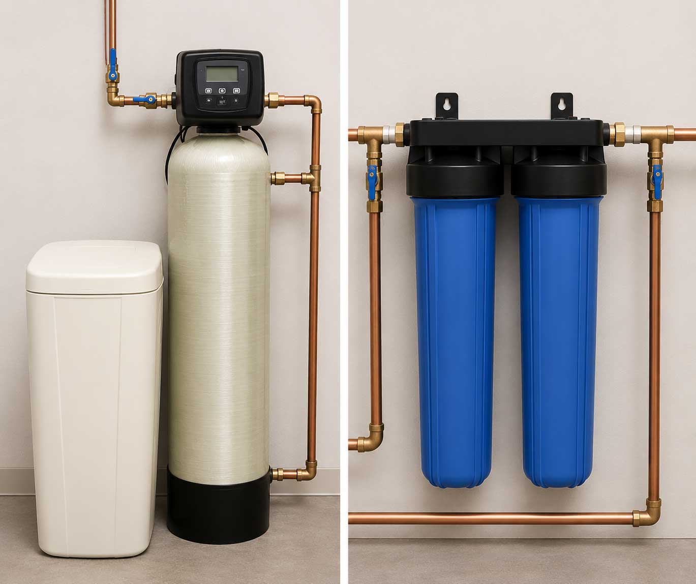 Side-by-side comparison of water treatment systems: left shows a water softener with tan tank and digital control head, right displays dual blue filter cartridges mounted on copper piping