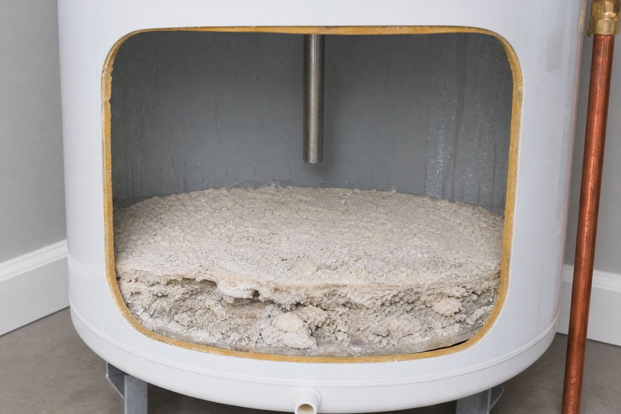 White cylindrical water heater filled with tan sediment and mineral buildup inside the tank