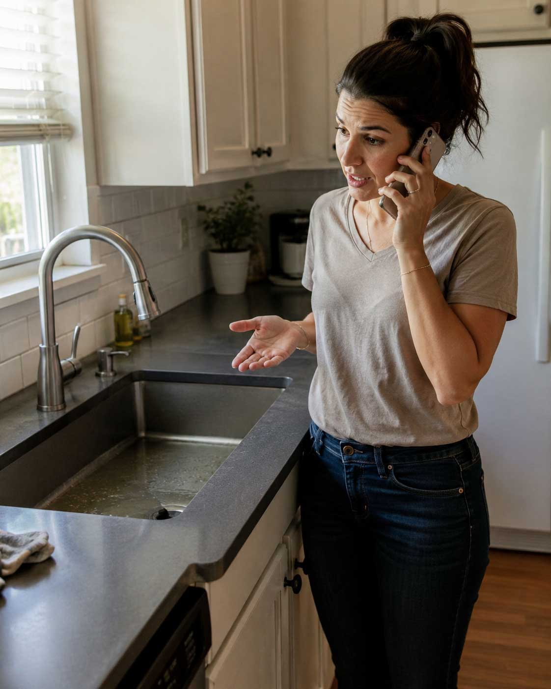Woman in beige shirt and jeans talking on phone while standing at kitchen sink with modern faucet